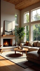 Cozy living room interior with comfortable sofa, fireplace, and large windows offering natural light Perfect for relaxation and family gatherings , warm, interior