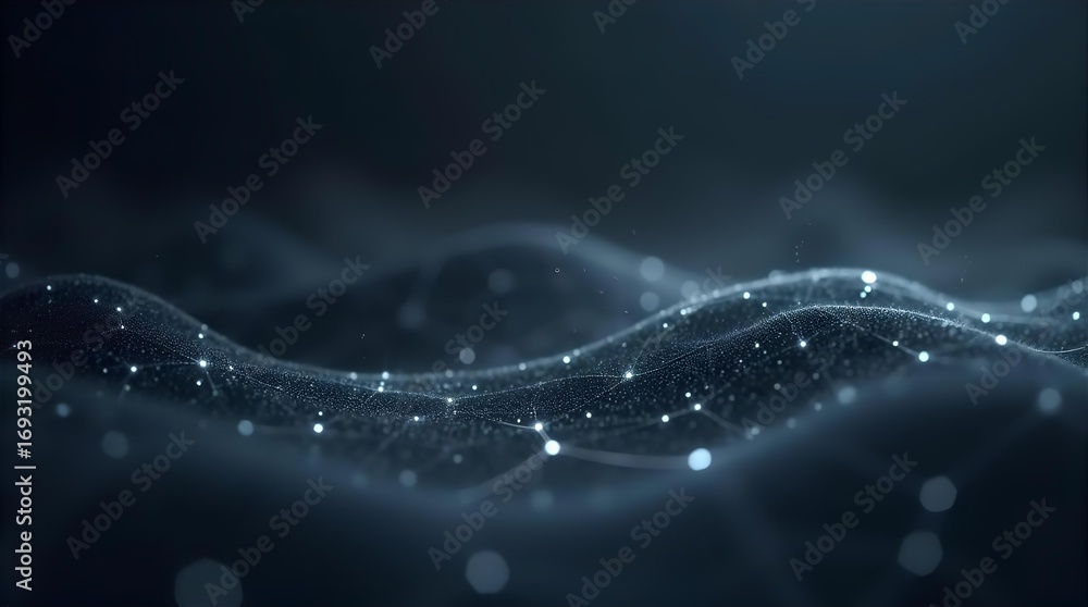 Poster futuristic abstract digital wave of glowing data particles and connected network lines on a dark blu