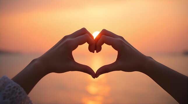 Beautiful silhouetted hands forming a heart shape, framing the radiant golden sun setting over tranquil ocean water, a romantic symbol of love, hope, peace, and connection.
