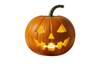 Isolated Halloween pumpkin glowing with a carved face and a stem on top as spooky decoration