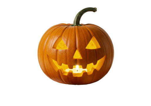 Isolated Halloween pumpkin glowing with a carved face and a stem on top as spooky decoration