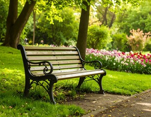 Park bench in a vibrant garden