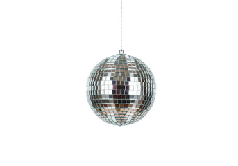 Fototapeta premium Isolated sparkly disco ball hanging, reflecting small squares, shining light, festive atmosphere