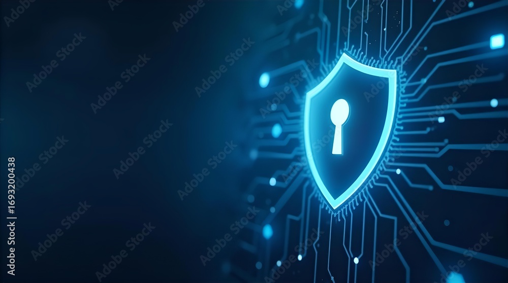 Poster Cybersecurity digital protection shield with keyhole on glowing blue circuit board background. High-tech data security concept for network privacy.