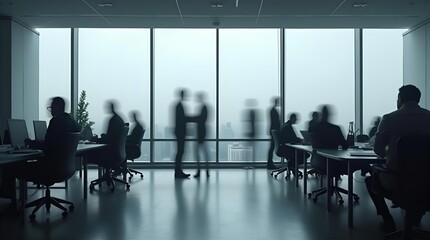 Blurred silhouettes of business professionals actively working and collaborating in a modern corporate office, large windows showcasing a city skyline, symbolizing productivity.