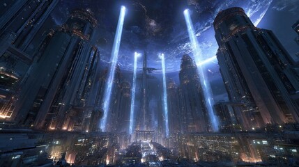 Futuristic cityscape at night