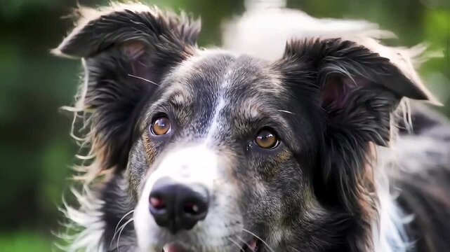 Close Up Portrait Of A Border Collie Dog with Brown Eyes and Black and White Fur