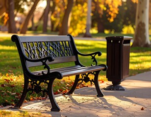 Park bench in autumn sunlight