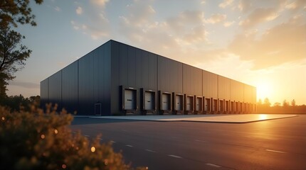 Large modern industrial warehouse and distribution center with numerous loading docks and a wide paved lot, illuminated by a stunning golden hour sunset.