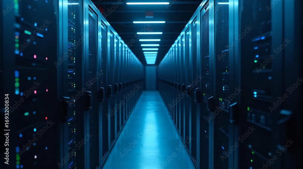 Poster modern data center with glowing blue lights and rows of server racks, showcasing advanced it infrast