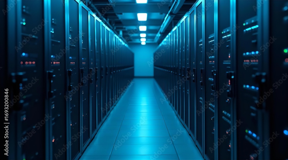 Poster modern data center aisle with glowing blue server racks, showcasing advanced it infrastructure and d