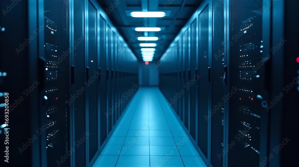 Poster long corridor of a modern data center with glowing blue server racks, showcasing high-tech it infras
