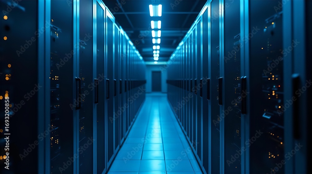 Poster long blue lit data center server room aisle with rows of modern it infrastructure racks, symbolizing