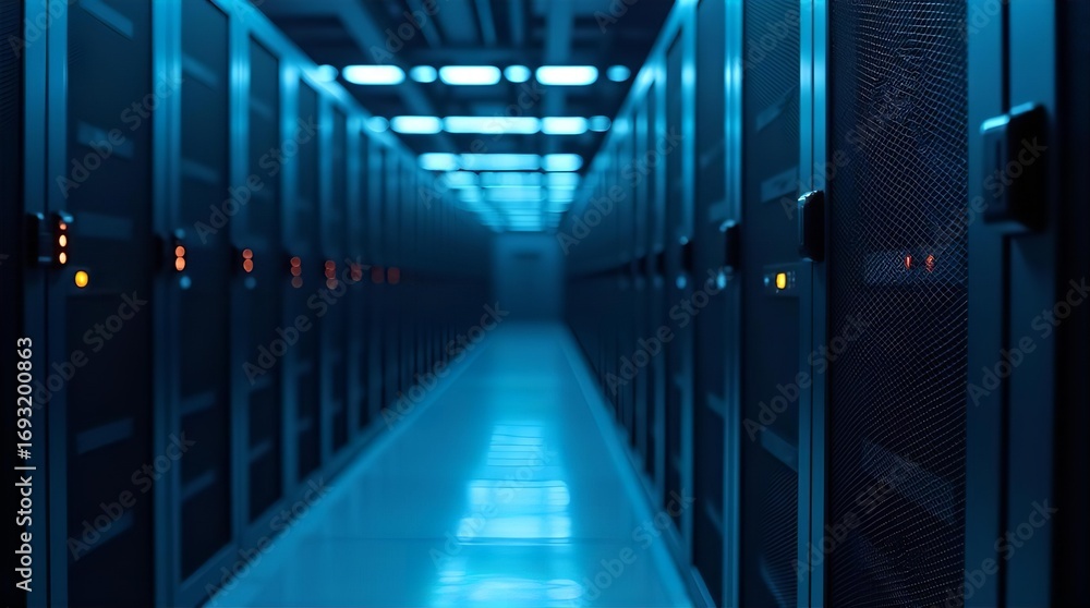 Poster long modern data center corridor with rows of blue lit server racks and glowing indicator lights sym