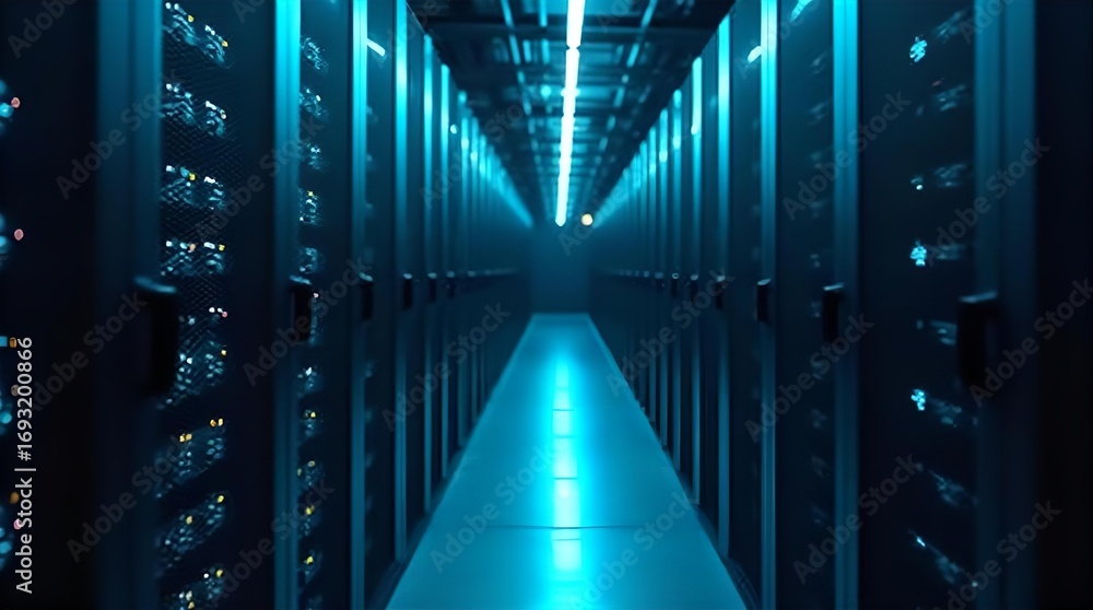 Poster futuristic data center server room with intense blue light. endless rows of it racks powering cloud 