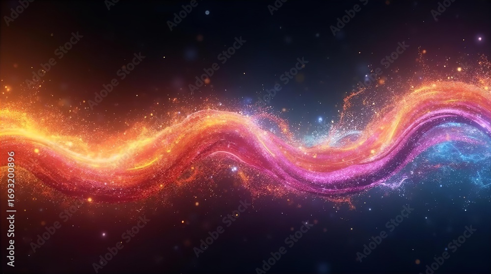 Poster Dynamic Cosmic Energy Wave Abstract Art Glowing Particle Stream with Fiery Orange to Cool Blue Gradient on a Starry Universe Background Digital Wallpaper