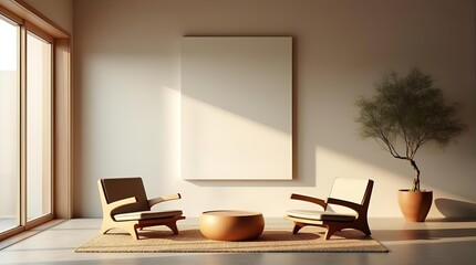 Sunlit Japandi living room featuring modern wooden armchairs, a round coffee table, large blank canvas, and a potted tree. Minimalist interior design.