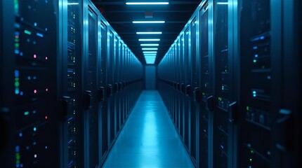 Modern data center with glowing blue lights and rows of server racks, showcasing advanced IT infrastructure for cloud computing and digital storage in this secure environment.