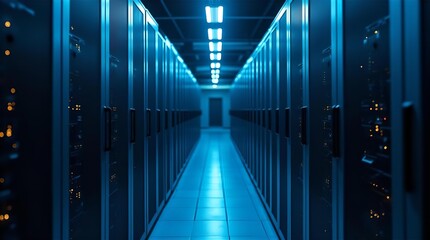 Long blue lit data center server room aisle with rows of modern IT infrastructure racks, symbolizing advanced cloud computing and network technology