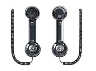 Two black corded telephone handsets, side-by-side,  with  cord and round base