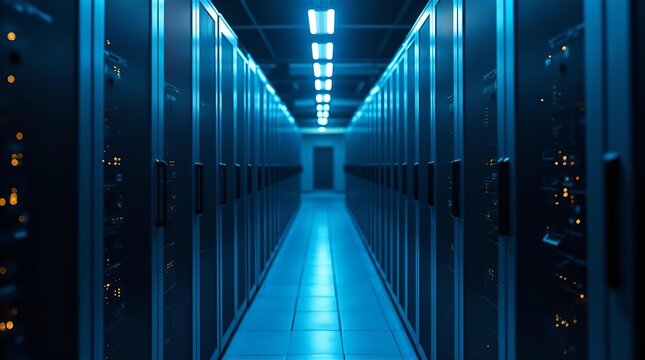 Long blue lit data center server room aisle with rows of modern IT infrastructure racks, symbolizing advanced cloud computing and network technology