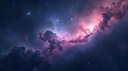 Fototapeta premium Vibrant and stunning cosmic nebula with glowing magenta and purple gas clouds and twinkling stars in deep interstellar space, an ethereal astronomical digital art wallpaper.