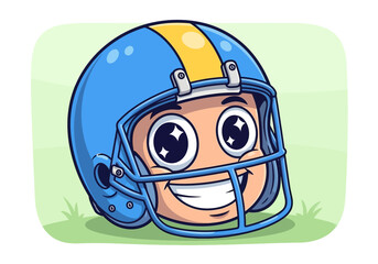 Cute Cartoon Football Player Helmet Illustration with a Cheerful Face on Green Grass