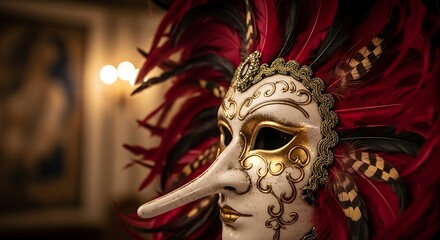 Venetian Plague Doctor Mask with Feathers and Gold Accents.