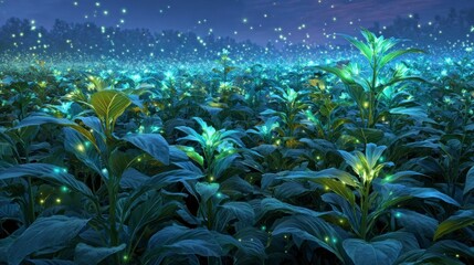 Glowing plants night field