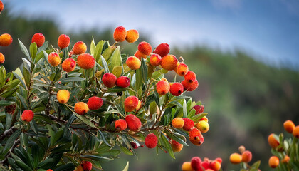 Fruiting Arbutus Unedo Tree With Red And Orange Berries