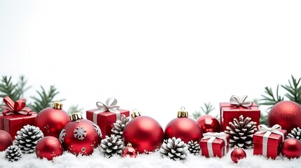 Festive red Christmas holiday decorations border with ornaments, gift boxes, snowy pinecones, and green fir on a clean white winter background.