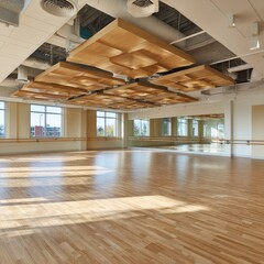 A spacious dance , bathed in natural light, showcases a unique wooden ceiling design.