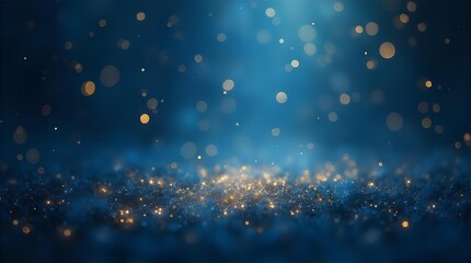 Fototapeta premium Stunning magical dark blue background with shimmering golden bokeh lights and sparkling glitter particles creating a beautiful dreamy, elegant, and festive abstract light effect.