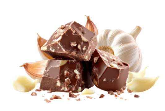 Dark chocolate pieces, studded with nuts, nestled amongst garlic cloves and cocoa nibs