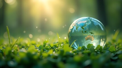 Sparkling glass Earth globe on vibrant green grass, bathed in warm golden sunlight. Concept of environmental protection, sustainability, nature, and a hopeful future.