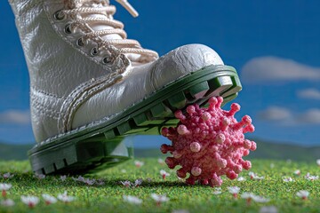 White boot crushing a pink virus on green grass