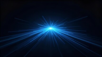 Bright blue light burst on dark background with radiating speed lines. Abstract futuristic digital technology concept wallpaper, banner, or header design.