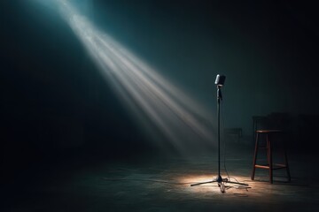 Poetry reading setup on a dark stage with a spotlight highlighting a microphone and a stool
