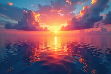 Serene sunset over a calm ocean, vibrant colors painting the sky and reflecting on the water Perfect for travel, nature, or relaxation themes , waves, horizon, ocean