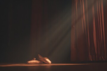 Pointe shoes resting on the stage as soft light filters through the theater curtains during a ballet performance