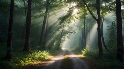 Obraz premium Sendero en bosque verde con rayos de sol atravesando los árboles