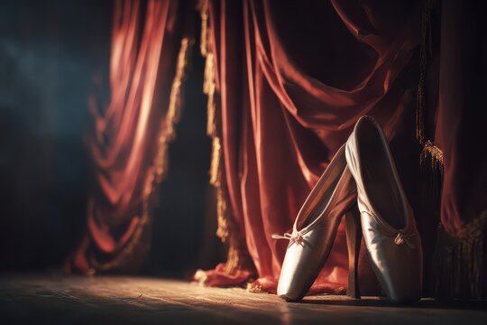 Ballet performance preparations with pointe shoes beside the stage curtain before an exciting cultural festival event - Powered by Adobe