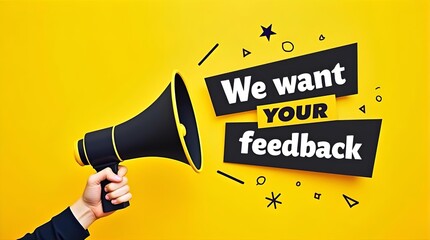 Bright yellow graphic featuring a hand holding a black megaphone with 'We want YOUR feedback' text, ideal for customer surveys and communication.