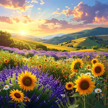 Campo de girasoles y lavanda al atardecer con colinas al fondo