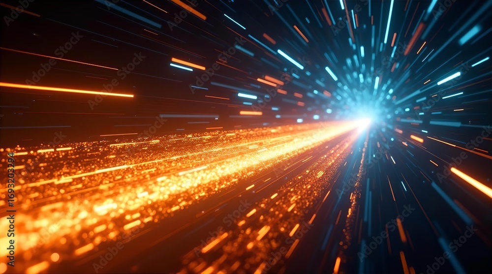 Aufkleber high-speed digital data flow with vibrant orange and blue light streaks in a futuristic abstract tun