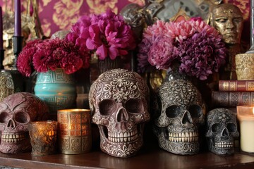 Colorful Day of the Dead altar featuring decorated skulls and vibrant flowers for a festive celebration