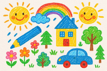 Childlike Crayon Drawing Bright Colors Smiling Suns Rainbow Blue Cloud Yellow House Green Tree Cheerful Colorful Illustration