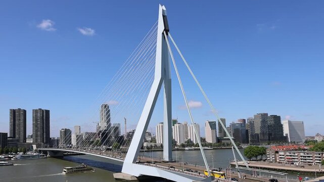 Panoramic view of Erasmus Erasmusbrug bridge in Rotterdam. Financial business district skyline