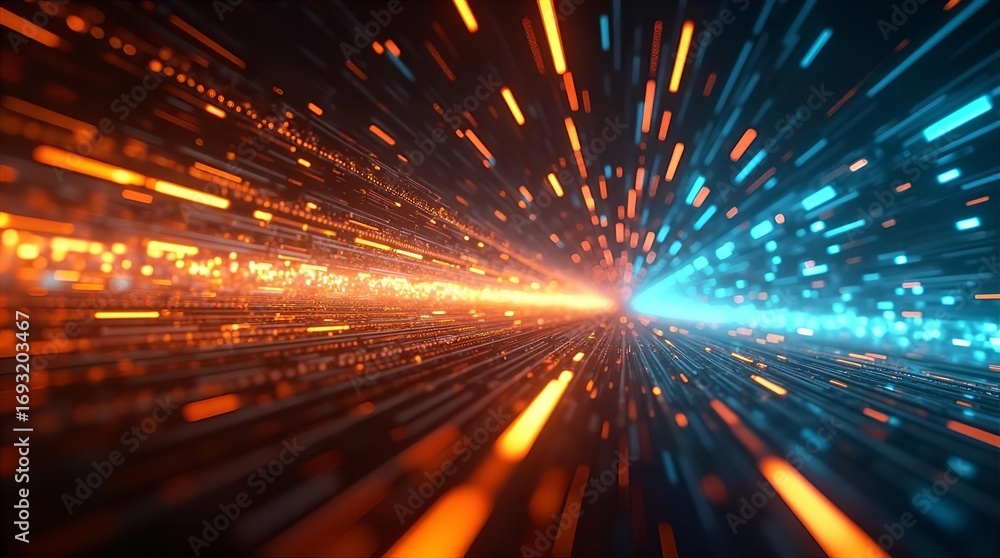 Aufkleber futuristic digital data flow with glowing orange and blue light streaks in an abstract cyber tunnel,