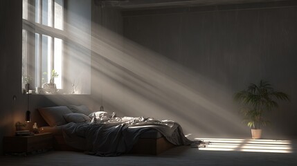Serene bedroom bathed in dramatic sunbeams streaming through a large window, creating a peaceful, modern, and inviting sanctuary for rest and rejuvenation.